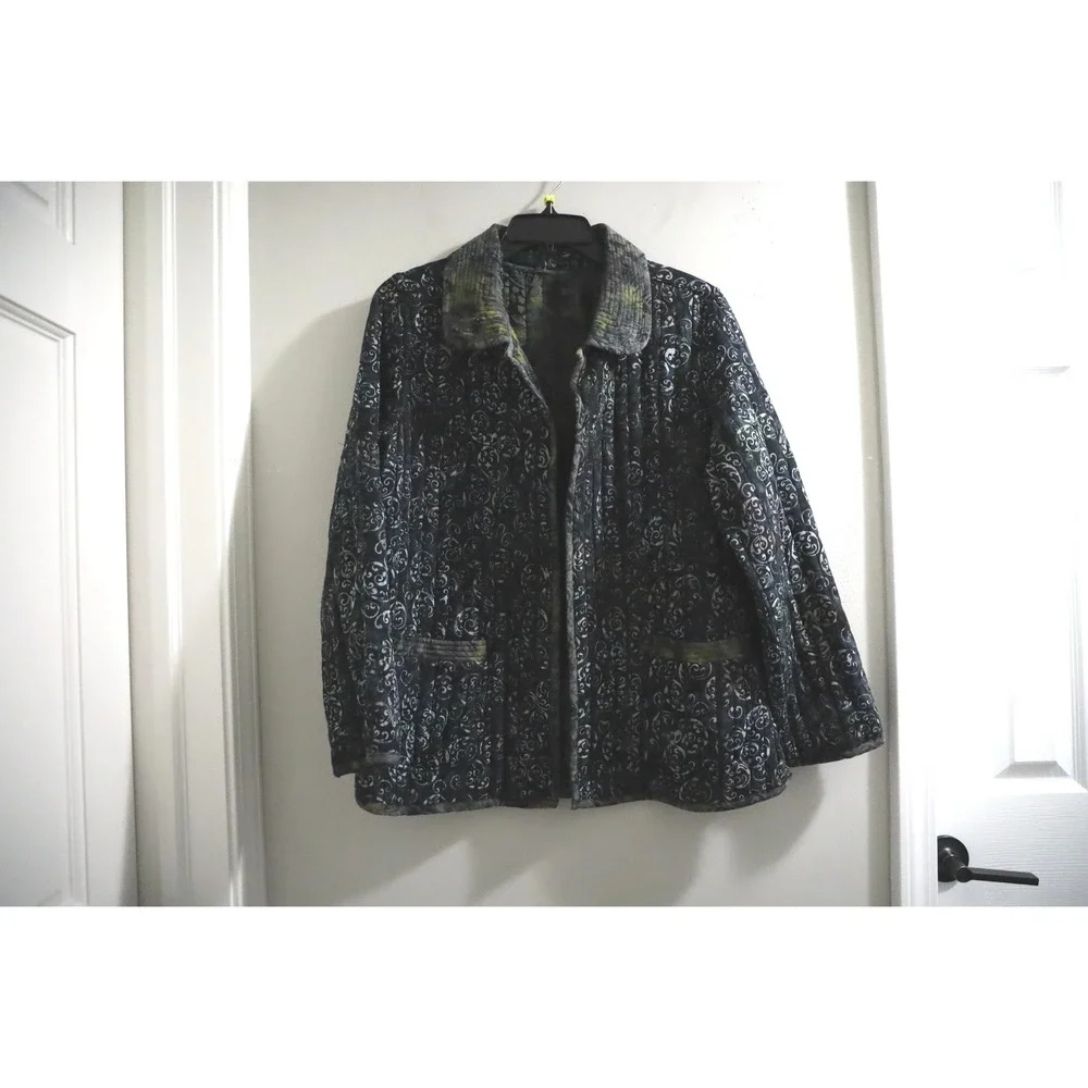 Frivo Lous‎ Jacket Medium Blue Black Swirl Velvet Quilted Asian Bohemian Coat